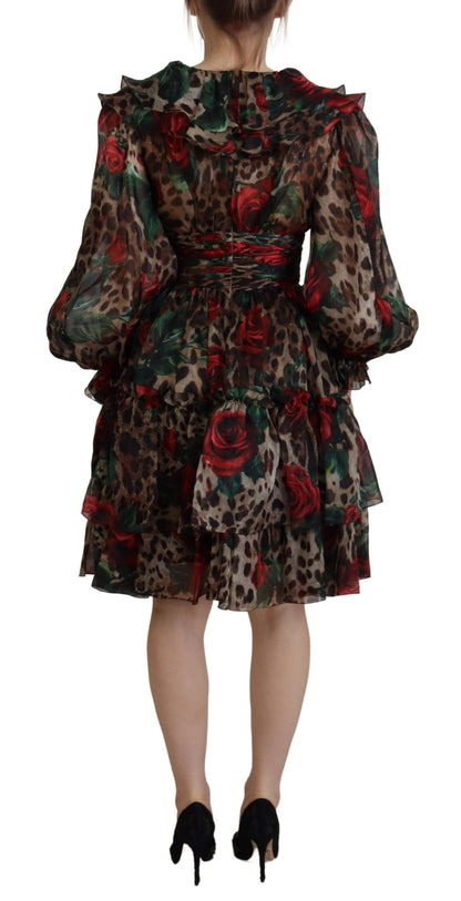 Dolce &amp; Gabbana Silk Leopard Print &amp; Red Roses Dress