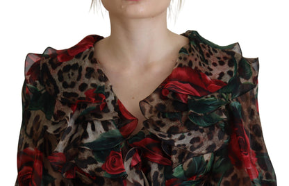 Dolce &amp; Gabbana Silk Leopard Print &amp; Red Roses Dress