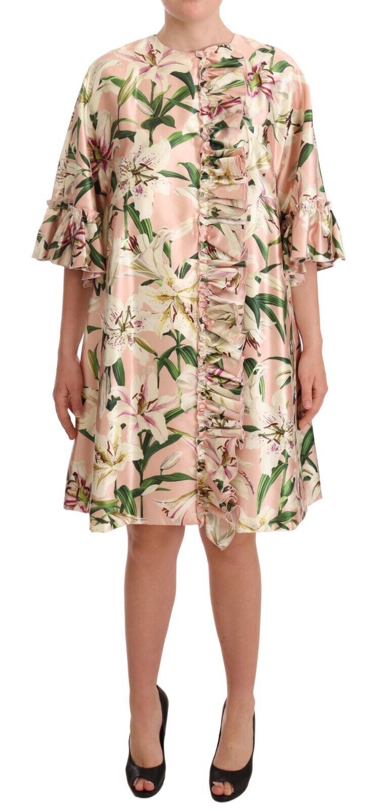 Dolce &amp; Gabbana Elegant Floral Ruffled Silk Long Coat