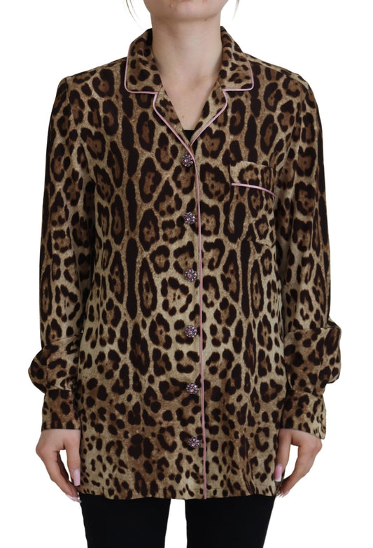 Dolce &amp; Gabbana Elegant Silk Leopard Print Collared Top