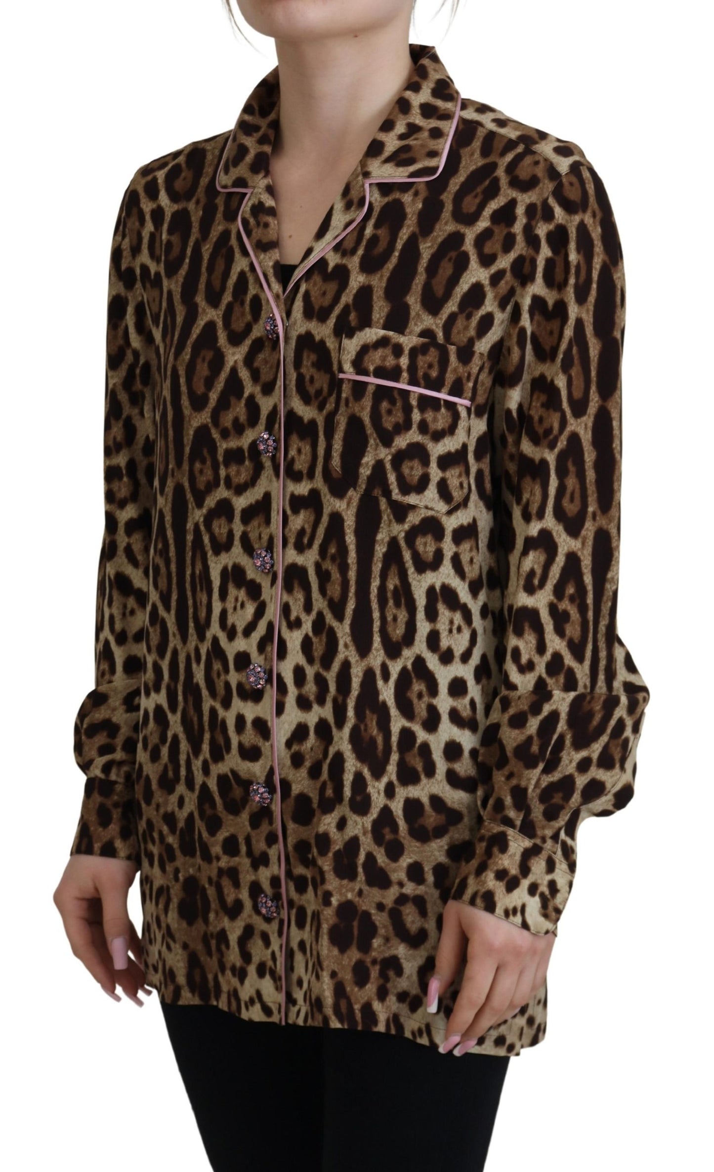 Dolce &amp; Gabbana Elegant Silk Leopard Print Collared Top