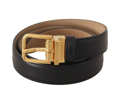 Dolce &amp; Gabbana Elegant Black Leather Belt with Engraved Metal Buckle