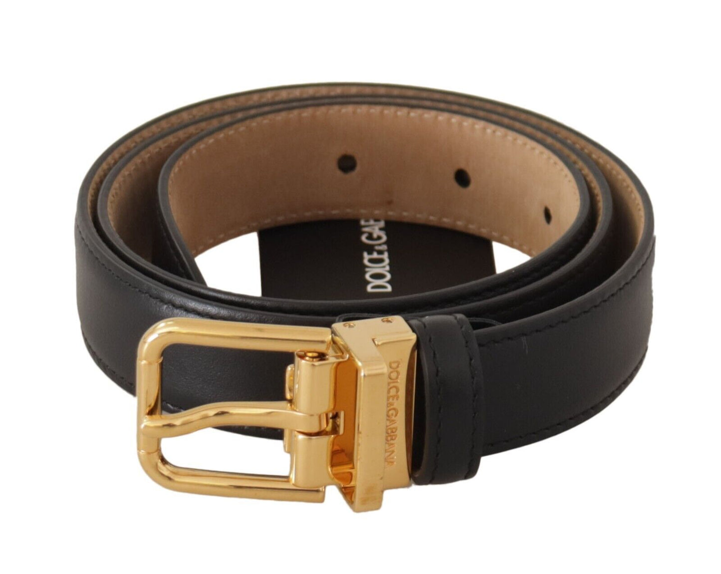 Dolce &amp; Gabbana Elegant Black Leather Belt with Engraved Metal Buckle