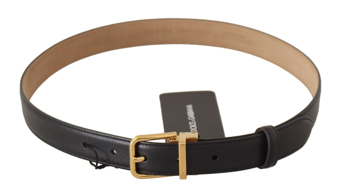 Dolce &amp; Gabbana Elegant Black Leather Belt with Engraved Metal Buckle