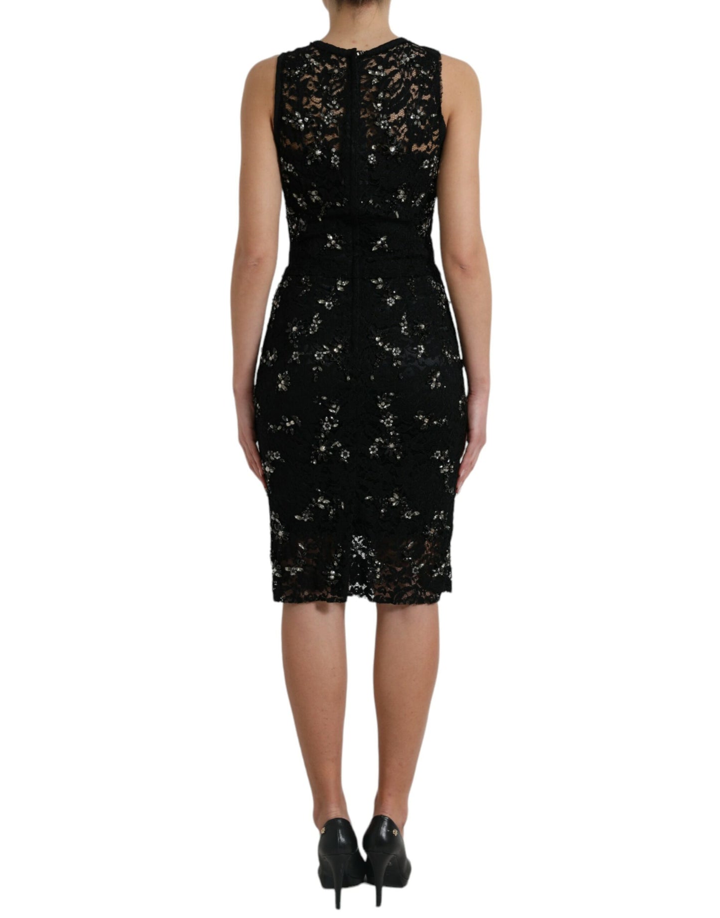 Dolce &amp; Gabbana Exquisite Black Floral Lace Crystal Sheath Dress