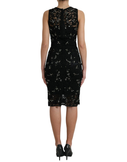 Dolce &amp; Gabbana Exquisite Black Floral Lace Crystal Sheath Dress