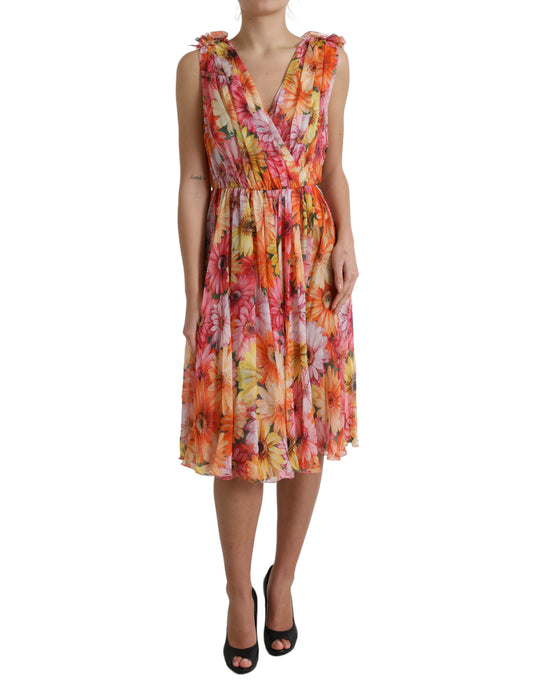 Dolce &amp; Gabbana Elegant Floral Silk Midi Dress with V-Neck