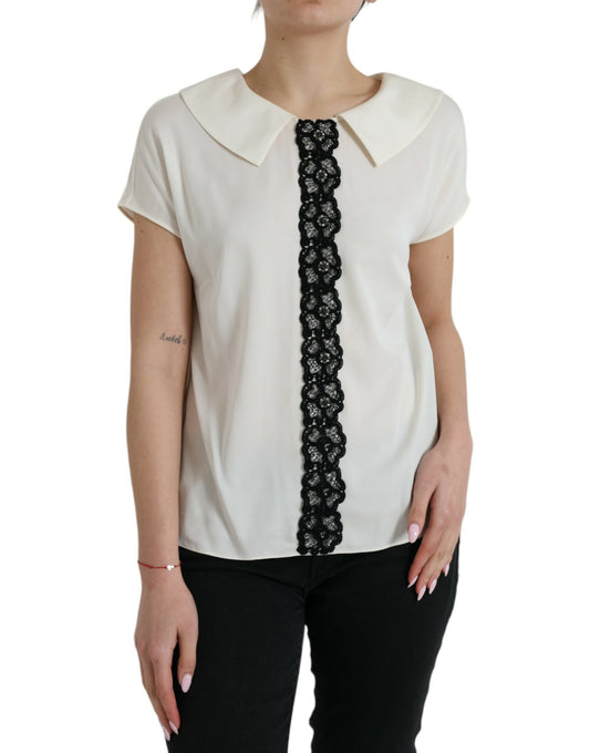 Dolce &amp; Gabbana Elegant Off-White Lace-Trim Silk Blouse