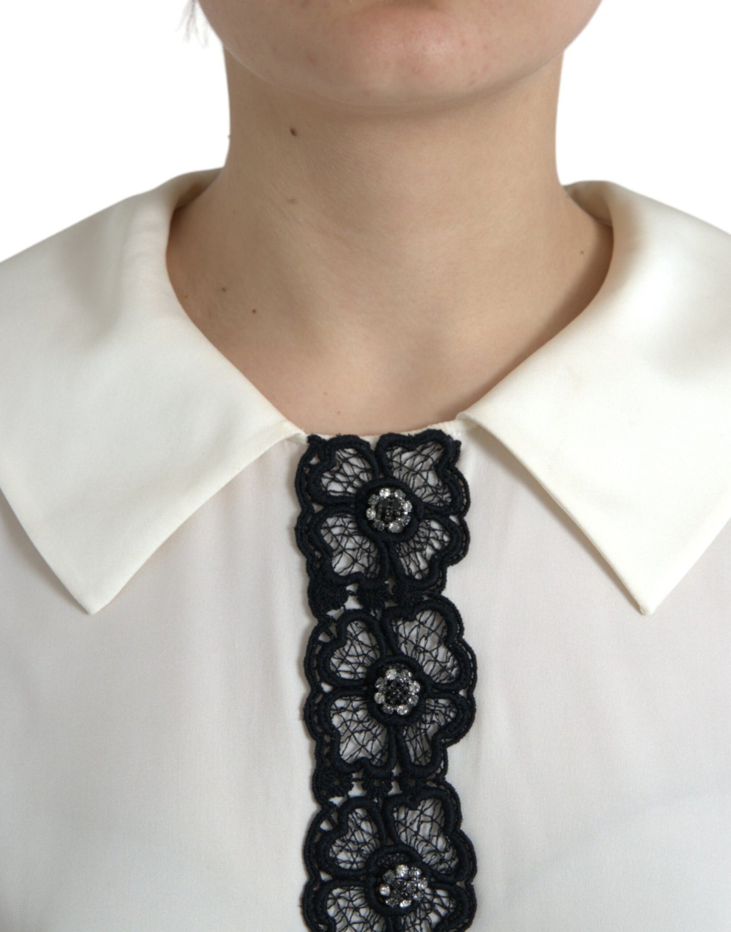 Dolce &amp; Gabbana Elegant Off-White Lace-Trim Silk Blouse