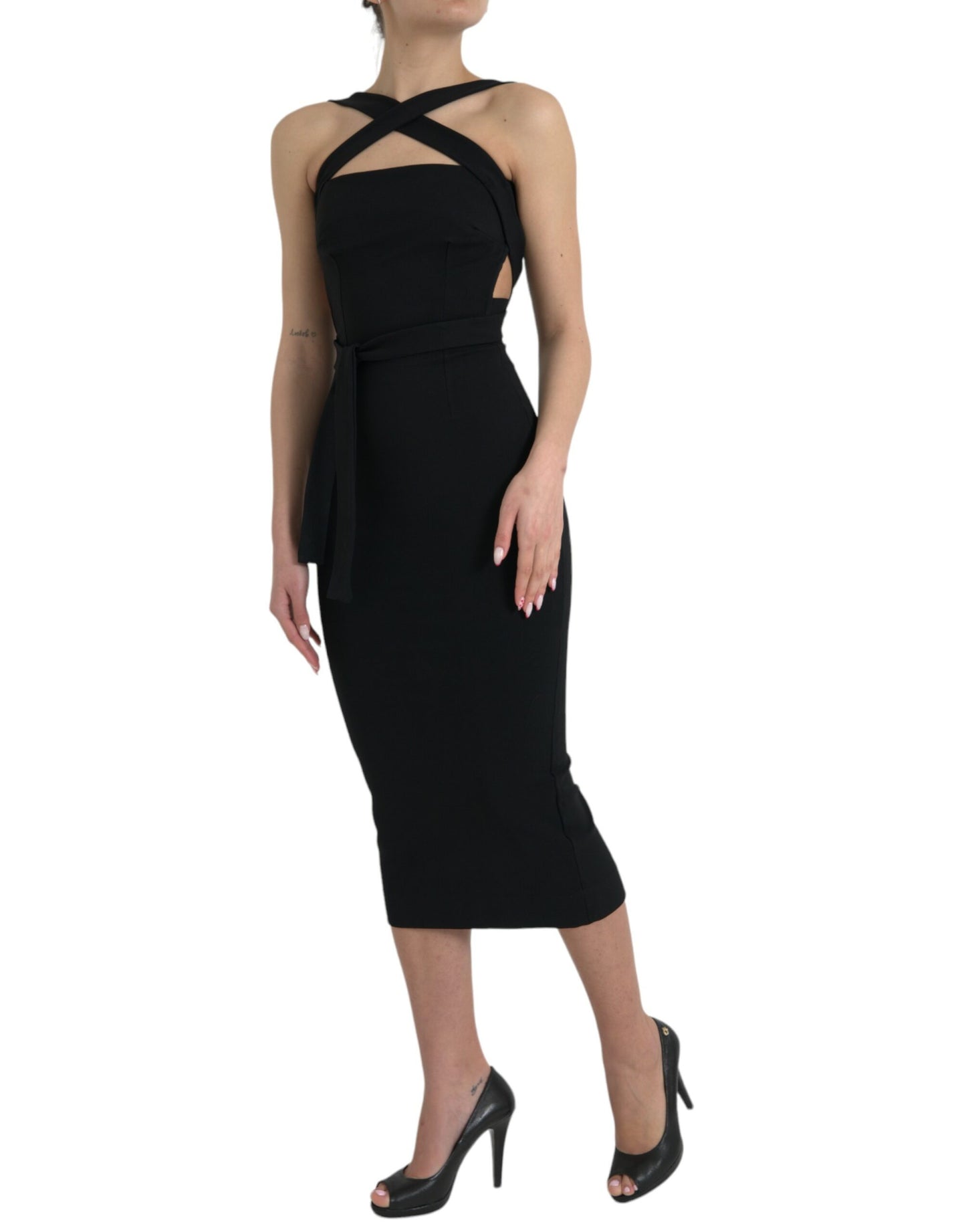 Dolce &amp; Gabbana Elegant Black Sheath Halter Midi Dress