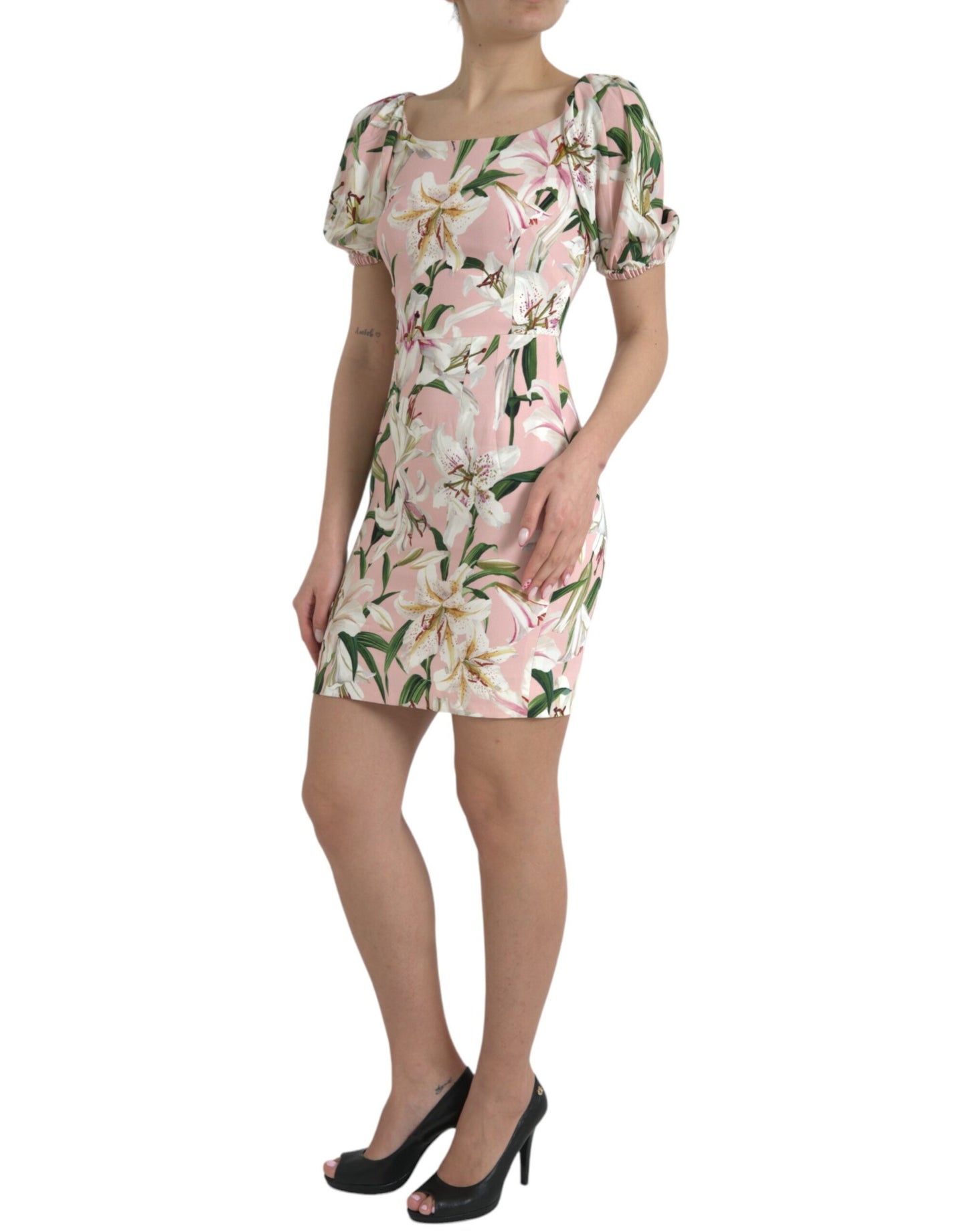 Dolce &amp; Gabbana Elegant Pink Lily Print Sheath Dress