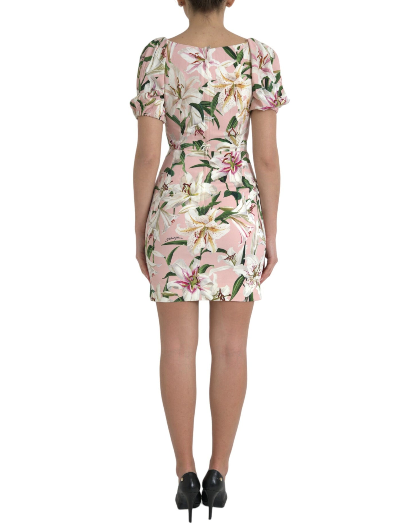 Dolce &amp; Gabbana Elegant Pink Lily Print Sheath Dress