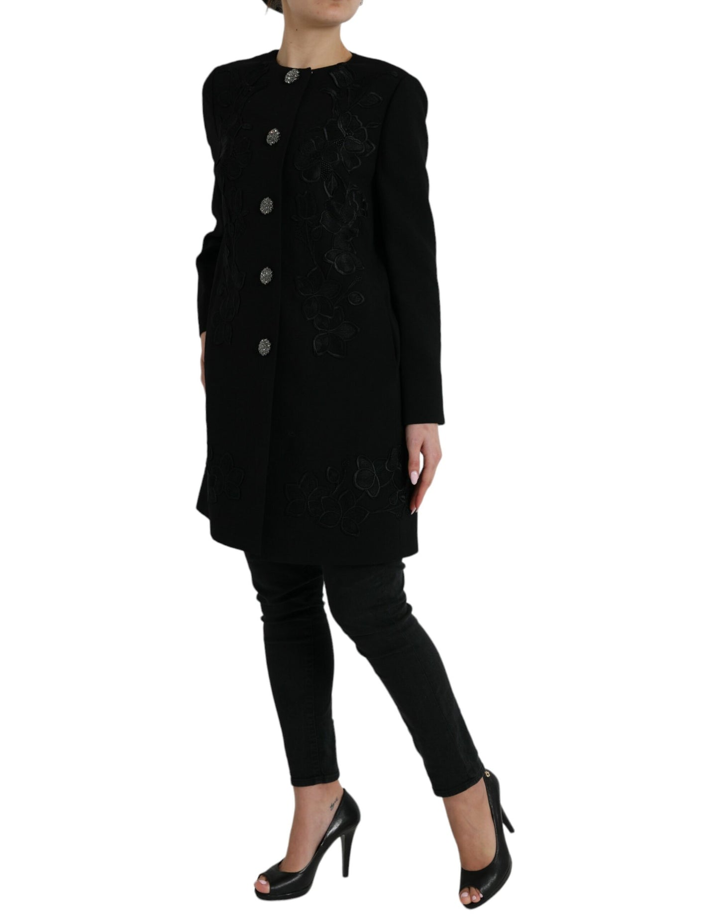 Dolce &amp; Gabbana Elegant Floral Buttoned Wool Trench Coat