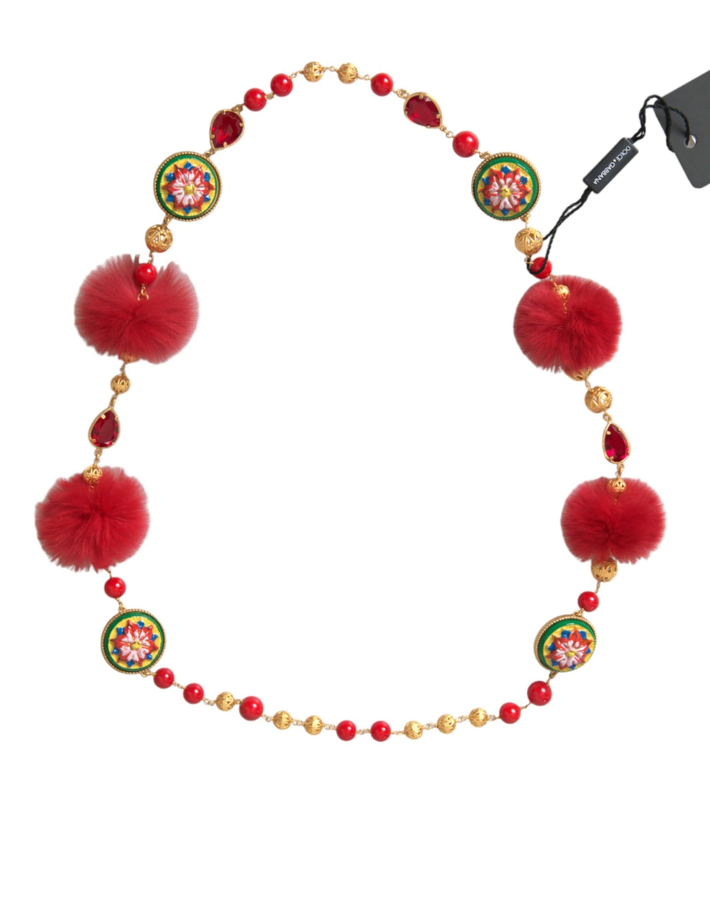 Dolce &amp; Gabbana Gold Brass Red Fur Crystal Carretto Chain Necklace