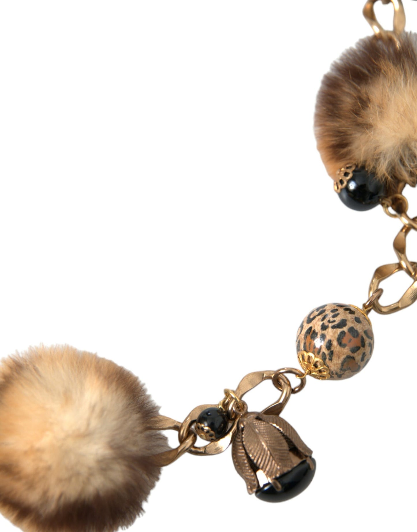 Dolce &amp; Gabbana Gold Brass Leopard Fur Pearl Necklace Chain Belt