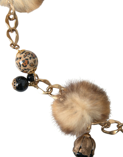 Dolce &amp; Gabbana Gold Brass Leopard Fur Pearl Necklace Chain Belt