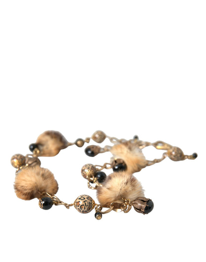 Dolce &amp; Gabbana Gold Brass Leopard Fur Pearl Necklace Chain Belt