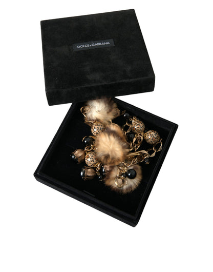 Dolce &amp; Gabbana Gold Brass Leopard Fur Pearl Necklace Chain Belt