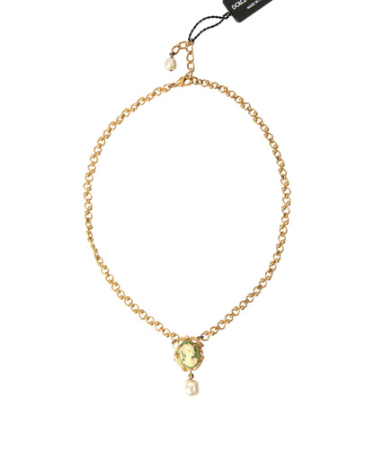 Dolce &amp; Gabbana Gold Brass Chain Pearl Pendant Charm Necklace