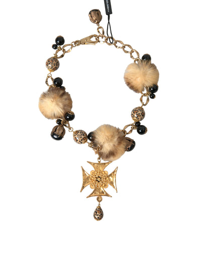 Dolce & Gabbana Gold Black Crystals Lapin Fur Filigree Chocker Necklace