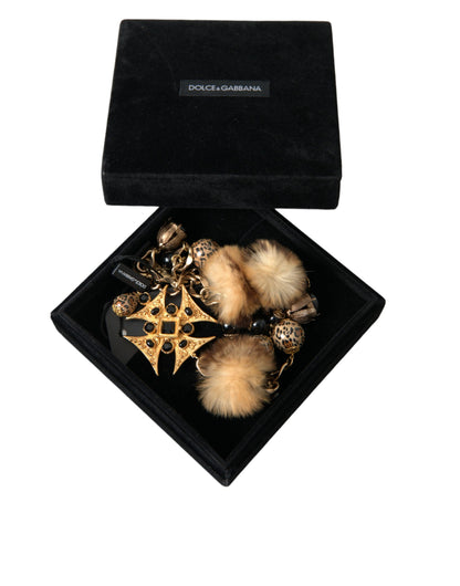 Dolce &amp; Gabbana Gold Black Crystals Lapin Fur Filigree Chocker Necklace