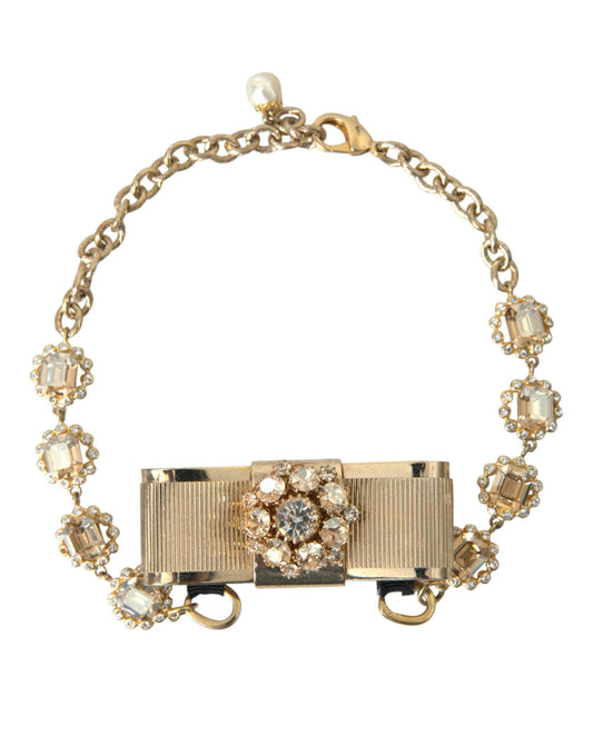 Dolce &amp; Gabbana Gold Brass Clear Crystal Bow Chain Choker Necklace