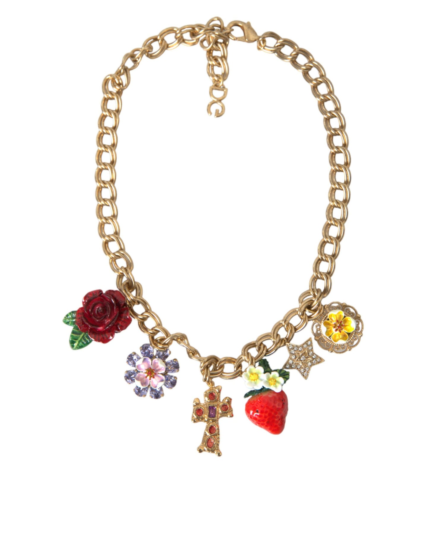 Dolce &amp; Gabbana Gold Chain Rose Cross Strawberry Star Pendant Necklace