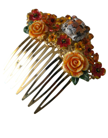 Dolce &amp; Gabbana Gold Brass Crystal Leopard Floral Hair Comb