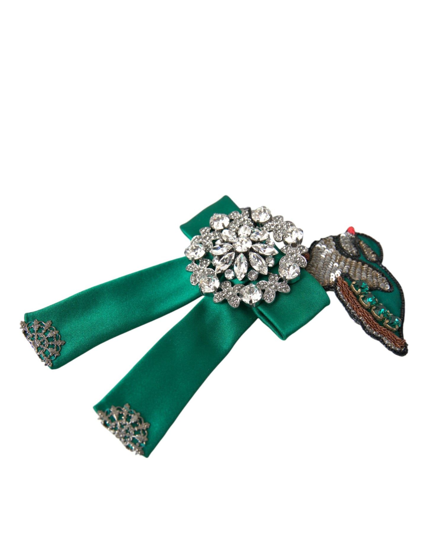 Dolce &amp; Gabbana Green Satin Bird Crystal Women Hair Clip