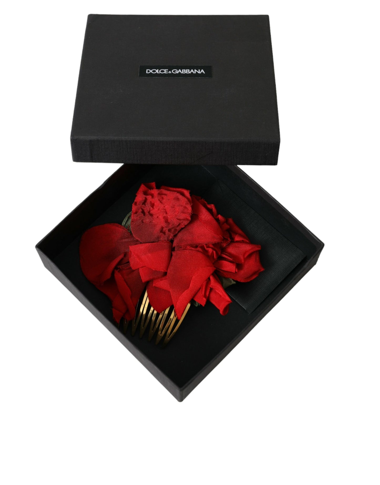 Dolce &amp; Gabbana Red Silk Floral Gold Brass Women Hair Comb