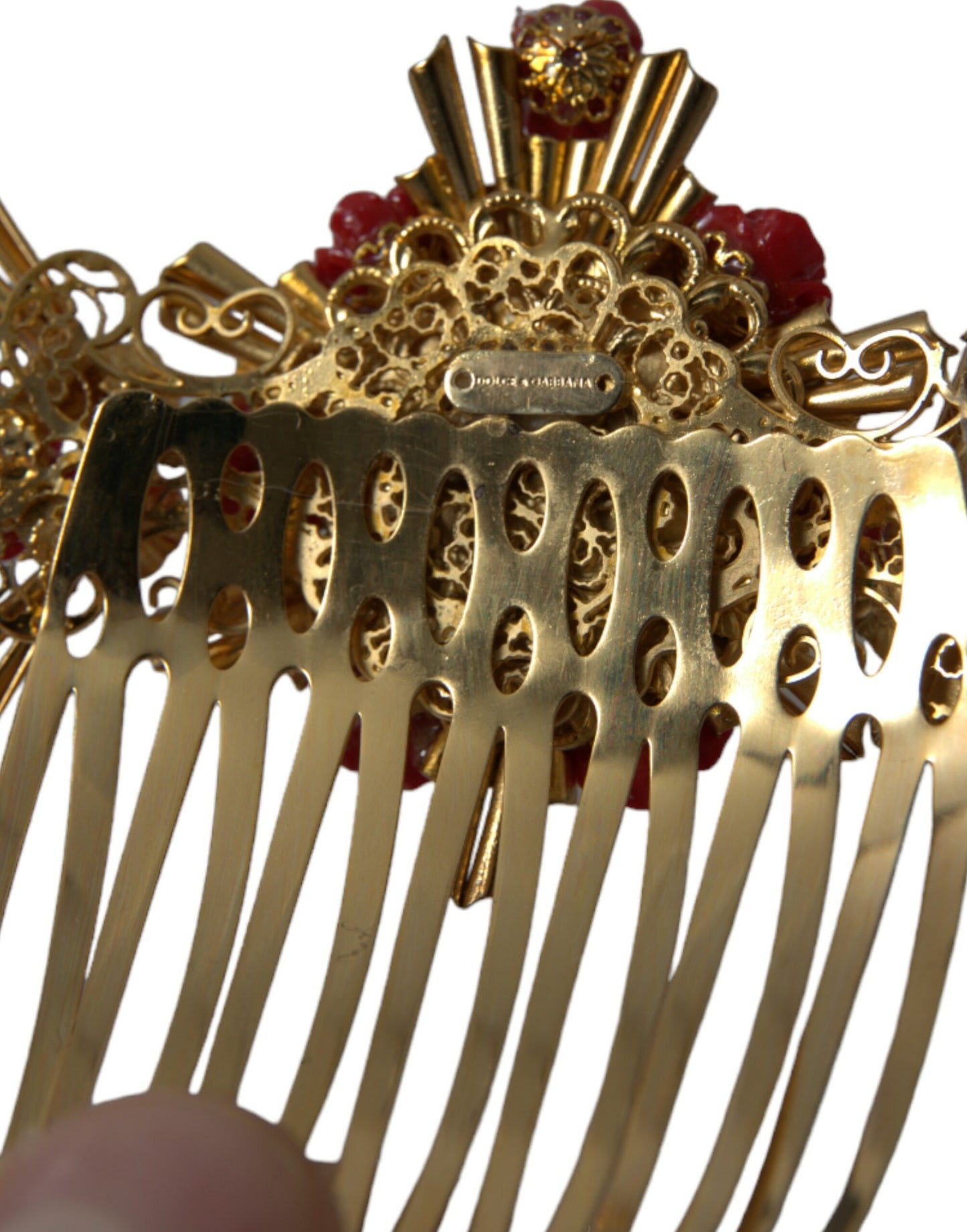 Dolce &amp; Gabbana Gold Brass Crystal Heart Floral Hair Comb