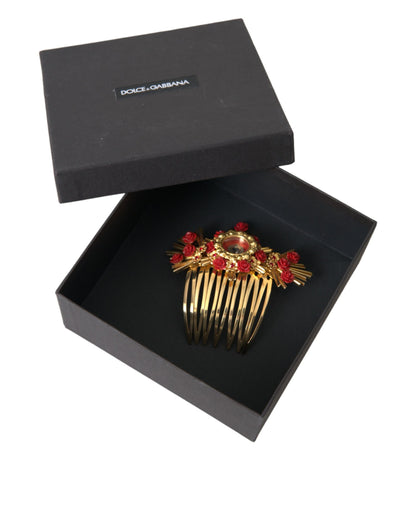 Dolce &amp; Gabbana Gold Brass Crystal Heart Floral Hair Comb