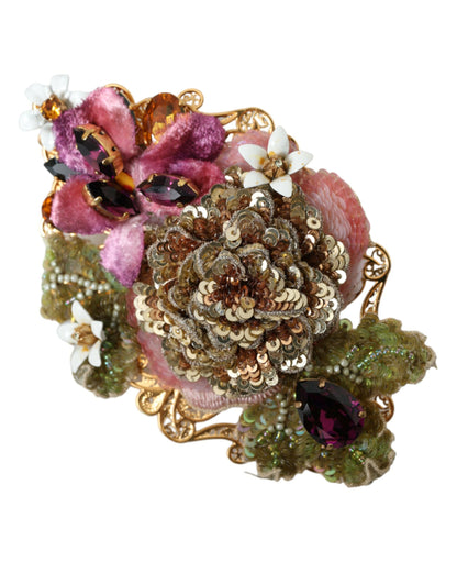 Dolce &amp; Gabbana Gold Brass Floral Crystal Sequined Hair Clip