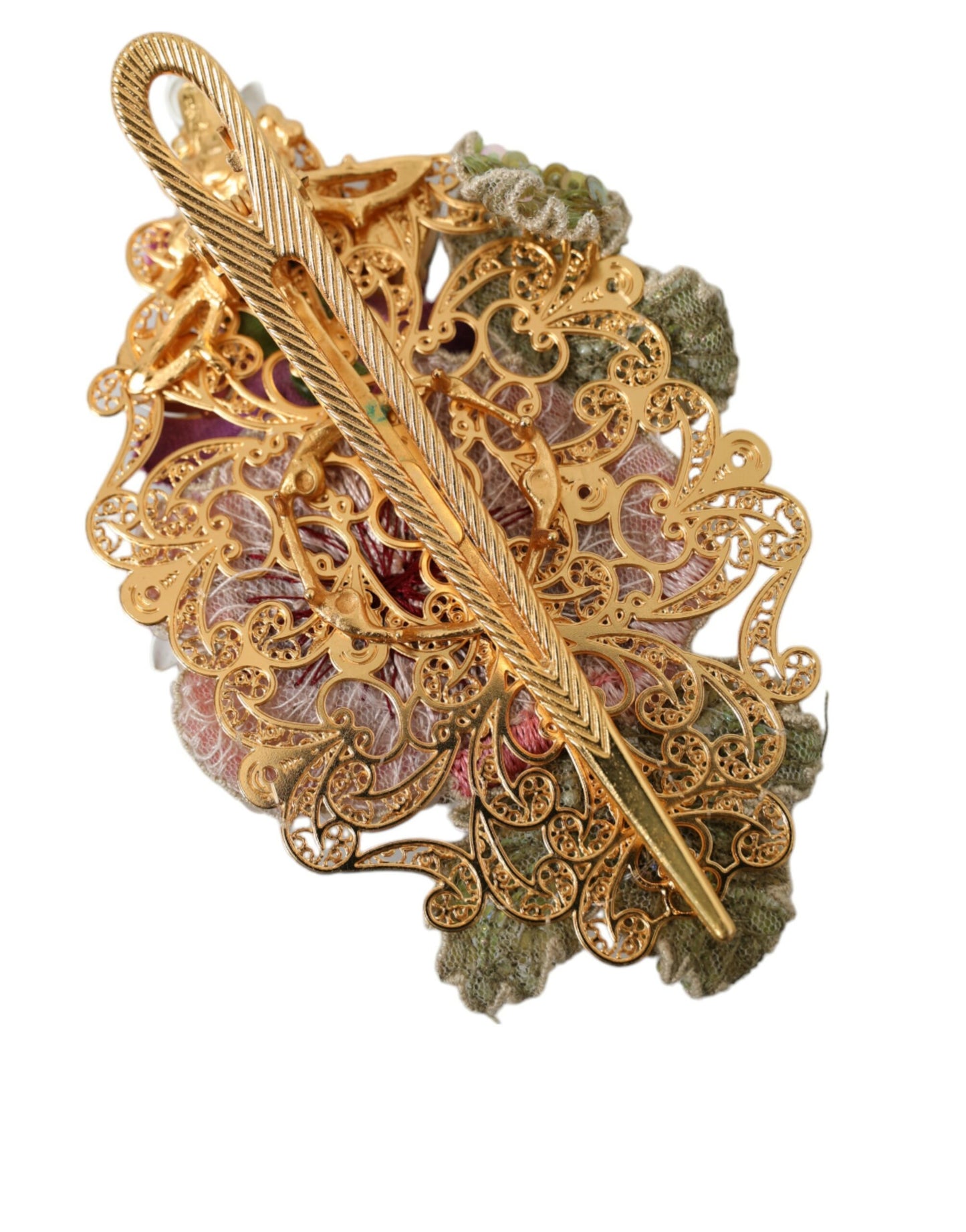 Dolce &amp; Gabbana Gold Brass Floral Crystal Sequined Hair Clip