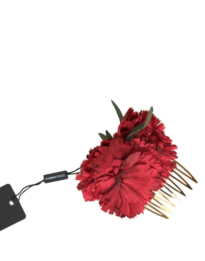 Dolce &amp; Gabbana Red Silk Floral Gold Brass Women Hair Comb