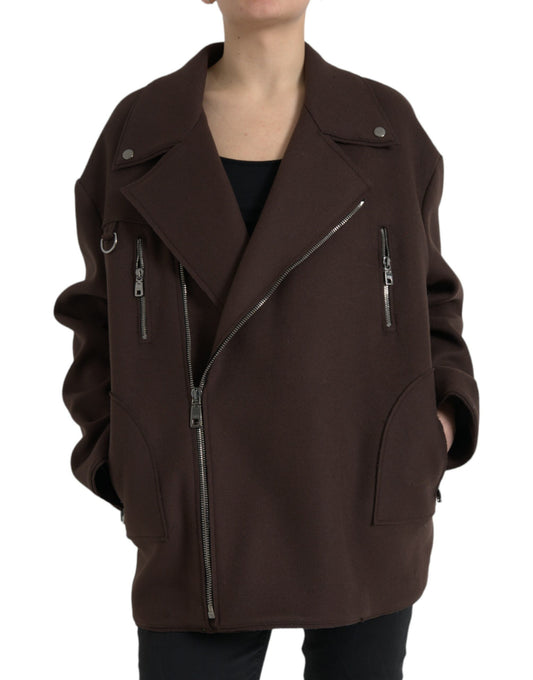 Dolce &amp; Gabbana Brown Coat Short Biker Wool Jacket