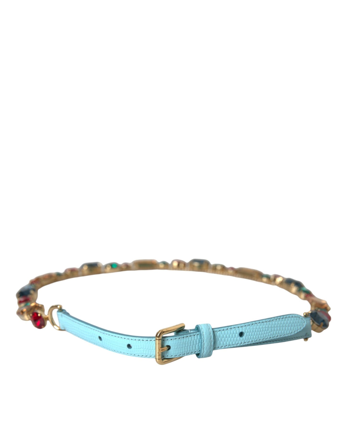 Dolce &amp; Gabbana Light Blue Leather Crystal Chain Waist Belt