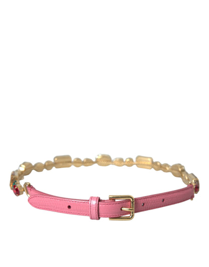 Dolce &amp; Gabbana Pink Leather Crystal Chain Embellished Belt