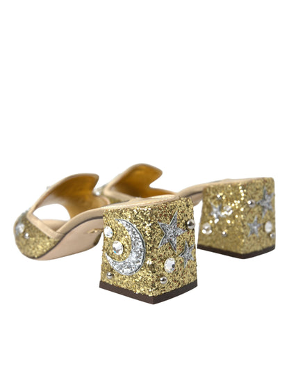 Dolce &amp; Gabbana Gold Sequin Leather Heels Sandals Shoes