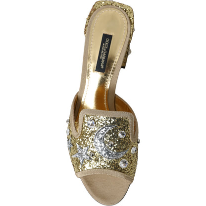 Dolce &amp; Gabbana Gold Sequin Leather Heels Sandals Shoes