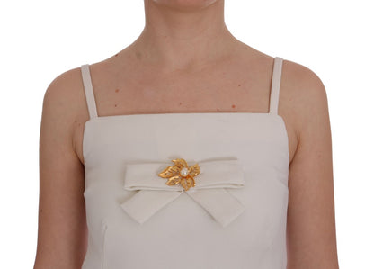 Dolce &amp; Gabbana Elegant White Wool Shift Dress with Gold Brooch