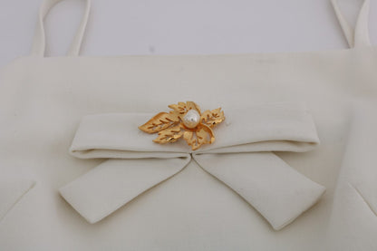 Dolce &amp; Gabbana Elegant White Wool Shift Dress with Gold Brooch