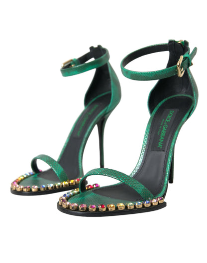 Dolce &amp; Gabbana Green Exotic Leather Crystal Sandals Shoes