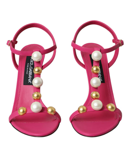 Dolce &amp; Gabbana Pink Embellished Leather Sandals Heels Shoes