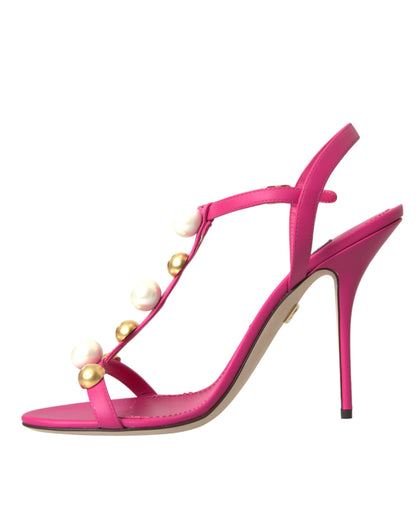 Dolce &amp; Gabbana Pink Embellished Leather Sandals Heels Shoes