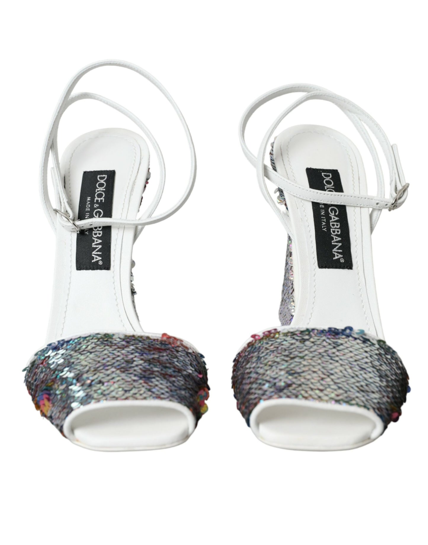 Dolce &amp; Gabbana White Silver Sequin Ankle Strap Sandals Shoes