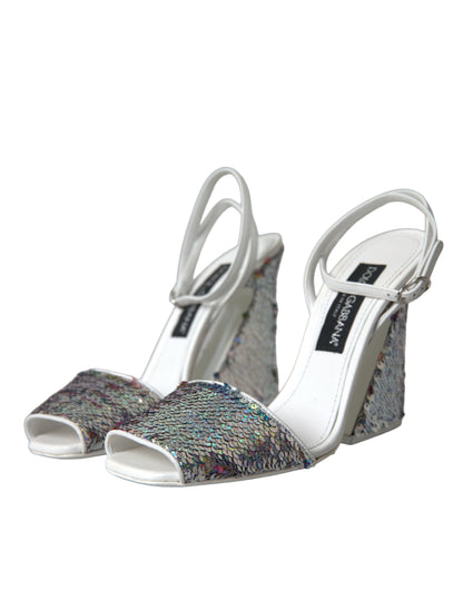 Dolce &amp; Gabbana White Silver Sequin Ankle Strap Sandals Shoes