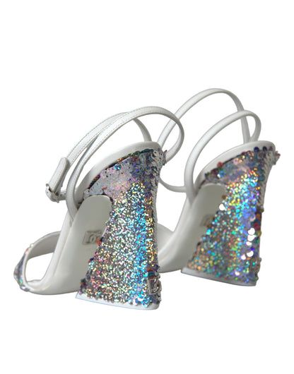 Dolce &amp; Gabbana White Silver Sequin Ankle Strap Sandals Shoes