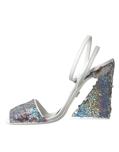 Dolce &amp; Gabbana White Silver Sequin Ankle Strap Sandals Shoes