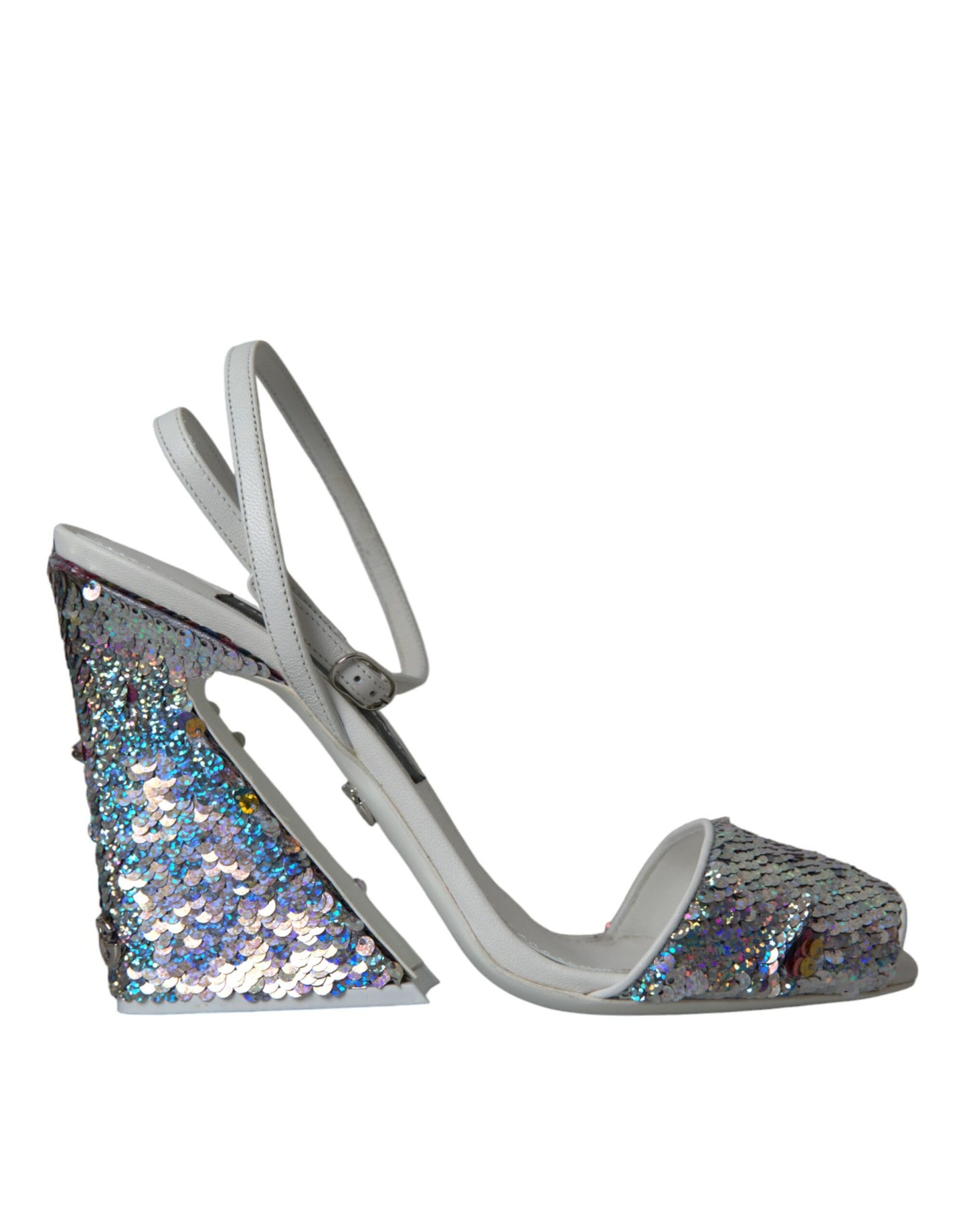 Dolce &amp; Gabbana White Silver Sequin Ankle Strap Sandals Shoes